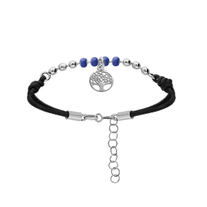BRACELET ARGENT RHODIÉ CORDON NOIR BOULES RÉSINE BLEUE ET PAMPILLE ARBRE DE VIE 16+3CM