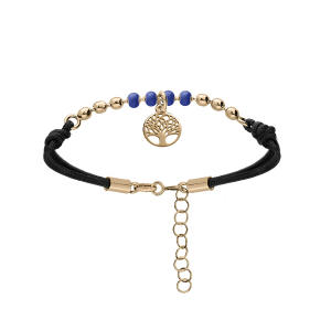 BRACELET ARGENT ET DORURE JAUNE CORDON NOIR BOULES RÉSINE BLEUE ET PAMPILLE ARBRE DE VIE 16+3CM