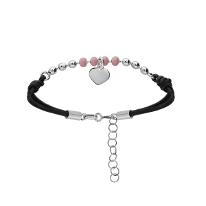 BRACELET ARGENT RHODIÉ CORDON NOIR BOULES RÉSINE ROSE ET PAMPILLE COEUR 16+3CM