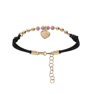 BRACELET ARGENT ET DORURE JAUNE CORDON NOIR BOULES REINE ROSE ET PAMPILLE COEUR 16+3CM