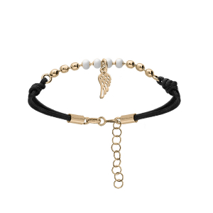 BRACELET ARGENT ET DORURE JAUNE CORDON NOIR BOULES RISENE BLANCHE ET PAMPILLE AILE 16+3CM