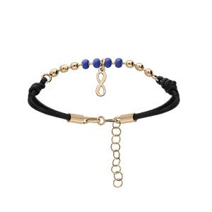 BRACELET ARGENT ET DORURE JAUNE CORDON NOIR PAMPILLE INFINI 16+3CM