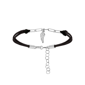 BRACELET ARGENT RHODIÉ CORDON NOIR PAMPILLE AILE 16+3CM