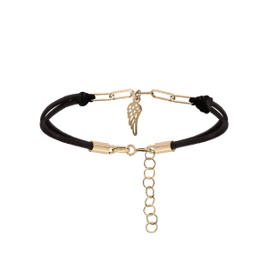 BRACELET ARGENT ET DORURE JAUNE CORDON NOIR PAMPILLE AILE 16+3CM