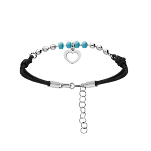 BRACELET ARGENT RHODIÉ CORDON NOIR RÉSINE BLEUE ET PAMPILLE COEUR 16+3CM