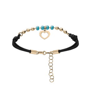 BRACELET ARGENT ET DORURE JAUNE CORDON NOIR RÉSINE BLEUE ET PAMPILLE COEUR 16+3CM