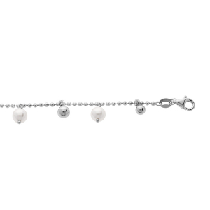 BRACELET ARGENT RHODIE PAMPILLES BOULES ET PERLES BLANCHES IMITATION 16+3CM