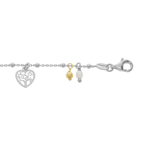 BRACELET ARGENT RHODIE PAMPILLES COEURS ARBRE DE VIE BOULES ET PERLES BLANCHES IMITATION ET BICOLORE 16+3CM