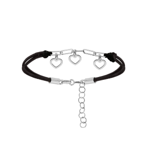 BRACELET ARGENT RHODIÉ CORDON NOIR PAMPILLE 3 COEURS 16+3CM