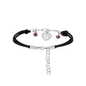BRACELET ARGENT RHODIÉ CORDON NOIR PAMPILLE  COEUR ET 2 PIERRES SYNTHETIQUE VIOLETTES 16+3CM