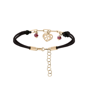 BRACELET ARGENT ET DORURE JAUNE CORDON NOIR PAMPILLE  COEUR ET 2 PIERRES SYNTHETIQUE  VIOLETTES   16+3CM