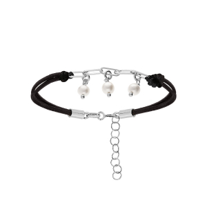 BRACELET ARGENT RHODIÉ CORDON NOIR PAMPILLE 3 PERLES BLANCHES IMITATION   16+3CM