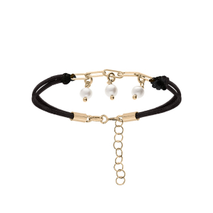BRACELET ARGENT ET DORURE JAUNE CORDON NOIR PAMPILLE 3 PERLES BLANCHES IMITATION   16+3CM