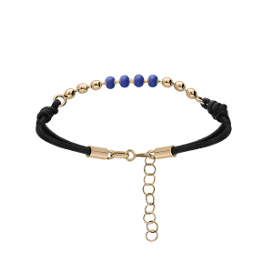 BRACELET ARGENT ET DORURE JAUNE CORDON NOIR BOULES RÉSINE BLEUE 16+3CM