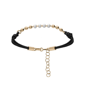 BRACELET ARGENT ET DORURE JAUNE CORDON NOIR BOULES RÉSINE BLANCHE 16+3CM