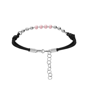 BRACELET ARGENT RHODIÉ CORDON NOIR BOULES RÉSINE ROSE 16+3CM