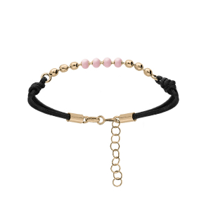 BRACELET ARGENT ET DORURE JAUNE CORDON NOIR BOULES RÉSINE ROSE 16+3CM