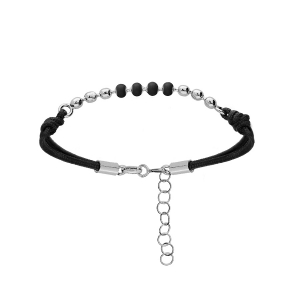 BRACELET ARGENT RHODIÉ CORDON NOIR ET BOULES RÉSINE NOIRE 16+3CM