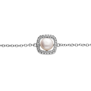 BRACELET ARGENT RHODIÉ CARRÉ OXYDES BLANCS AVEC PERLE DE CULTURE D'EAU DOUCE BLANCHE 16+3CM