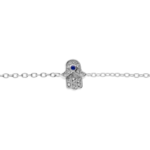BRACELET ARGENT RHODIÉ MAIN DE FATMA OXYDES BLANCS ET BLEU SERTIS 16+3CM