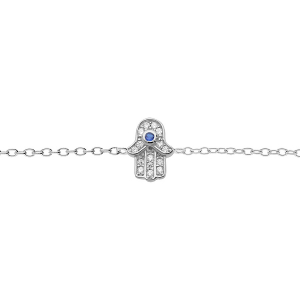 BRACELET ARGENT RHODIÉ MAIN DE FATMA OXYDES BLANCS ET BLEU SERTIS 16+3CM