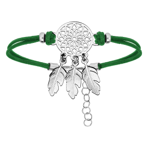BRACELET ARGENT RHODIÉ CORDON VERT ATTRAPE REVE 16+3CM