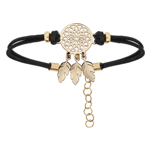 BRACELET ARGENT ET DORURE JAUNE CORDON NOIR ATTRAPE REVE 16+3CM