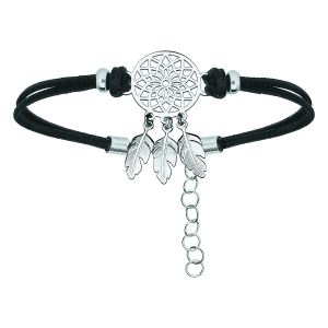 BRACELET ARGENT RHODIÉ CORDON NOIR ATTRAPE REVE 16+3CM