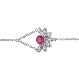 BRACELET ARGENT RHODIÉ DEMI FLEUR RUBIS VÉRITABLE ET TOPAZES BLANCHES 16+3CM