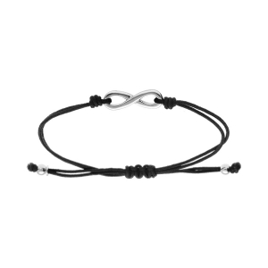 BRACELET CORDON COULISSANT NOIR MOTIF INFINI  ET 2 BOULES ARGENT RHODIÉ