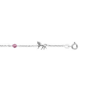 BRACELET ARGENT RHODIÉ MOTIF CHEVAL PIERRE ROSE 17,50CM REGLABLE 15CM