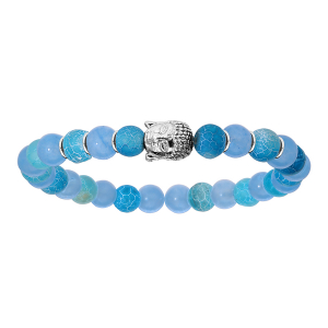 BRACELET ARGENT RHODIÉ EXTENSIBLE PIERRE DE LAVE BOUDDHA ET BOULES QUARTZ BLEU CLAIR