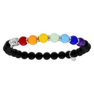 BRACELET ARGENT RHODIÉ EXTENSIBLE BOULES PIERRES ONYX ET JADÉITE COULEUR CHAKRA AVEC BOUDDHA