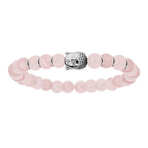 BRACELET ARGENT RHODIÉ EXTENSIBLE BOUDDHA ET BOULES QUARTZ ROSE