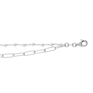 BRACELET ARGENT RHODIÉ DOUBLE CHAINE 1 RECTANGULAIRE 1 PERLES BLANCHES IMITATION 15+3CM