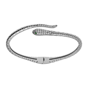 BRACELET ARGENT MASSIF SERPENT ARTICULÉ OXYDES BLANCS ET YEUX OXYDES VERTS 60MM