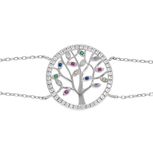 BRACELET ARGENT RHODIÉ ARBRE DE VIE MULTICOULEURS CONTOUR OXYDES BLANCS SERTIS 15+2CM