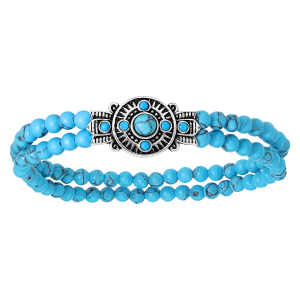 BRACELET ARGENT RHODIE EXTENSIBLE MOTIF ETHNIQUE BOULES TURQUOISES IMITATION