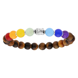 BRACELET ARGENT RHODIÉ EXTENSIBLE BOULES PIERRES OEIL DE TIGRE ET JADÉITE MULTI COULEUR AVEC BOUDDHA