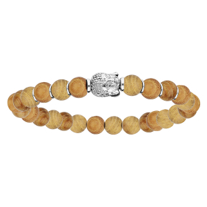 BRACELET ARGENT RHODIÉ EXTENSIBLE PERLES BOIS CLAIR MOTIF BOUDDHA