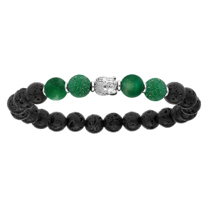 BRACELET ARGENT RHODIE EXTENSIBLE PIERRE DE LAVE BOUDDHA ET BOULES QUARTZ VERT