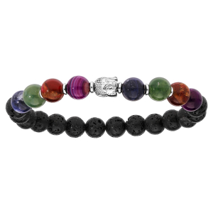 BRACELET ARGENT RHODIÉ EXTENSIBLE PIERRE DE LAVE BOUDDHA ET BOULES QUARTZ MULTICOULEUR