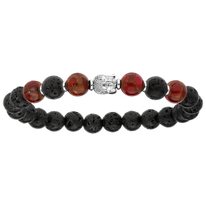 BRACELET ARGENT RHODIÉ EXTENSIBLE PIERRE DE LAVE BOUDDHA ET BOULES QUARTZ ROUGE