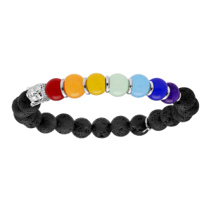 BRACELET ARGENT RHODIÉ EXTENSIBLE BOULES PIERRES DE LAVE ET JADÉITE COULEUR CHAKRA AVEC BOUDDHA