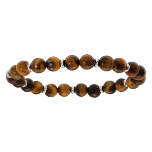 BRACELET EXTENSIBLE BOULE OEIL DE TIGRE AVEC ANNEAUX DIAMANTÉS ARGENT RHODIÉ