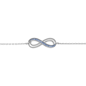 BRACELET ARGENT RHODIÉ MOTIF INFINI AJOURÉ AVEC OXYDES BLEU CLAIR SERTIS 16+3CM