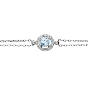 BRACELET ARGENT RHODIÉ DOUBLE CHAINE TOPAZE BLEU VÉRITABLE ET CONTOUR OXYDES BLANCS SERTIS 16+3CM