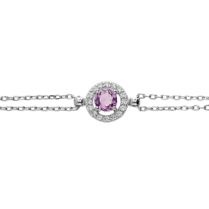 BRACELET ARGENT RHODIÉ DOUBLE CHAINE AMETHYSTE VÉRITABLE ET CONTOUR OXYDES BLANCS SERTIS 16+3CM
