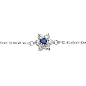 BRACELET ARGENT RHODIÉ FLEUR MARGUERITE OXYDES CENTRE BLEU FONCÉ ET CONTOUR BLANCS SERTIS  16.5+2CM