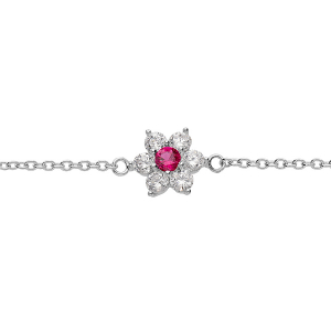 BRACELET ARGENT RHODIÉ PENDENTIF FLEUR MARGUERITE OXYDES CENTRE ROUGE FONCÉ ET CONTOUR BLANCS SERTIS  16.5+2CM